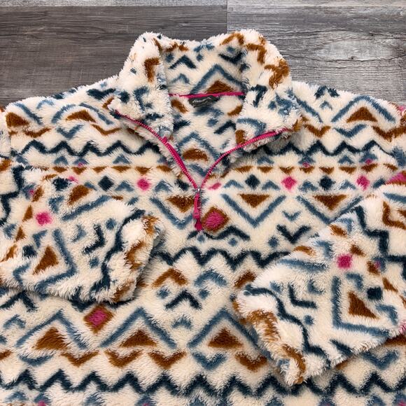 Eddie Bauer Quarter Zip White Pink Aztec Womens 2XL Ultra Soft Fleece Sweatshirt - Picture 1 of 8